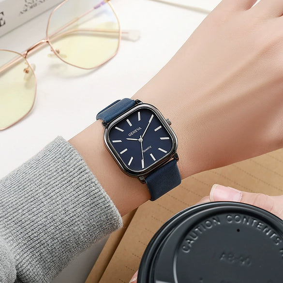 Universal Fashionable Square Quartz Watch With Pu Strap Stainless Steel Buckle And Alloy Material