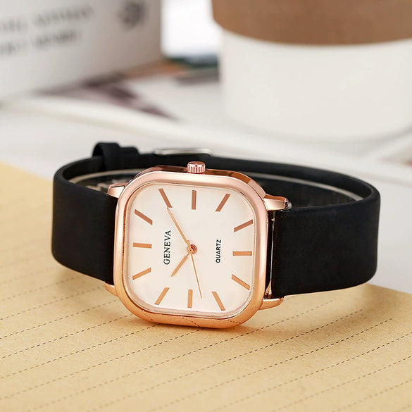 Universal Fashionable Square Quartz Watch With Pu Strap Stainless Steel Buckle And Alloy Material
