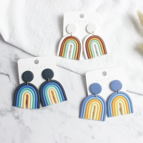 Ushaped Rainbow Soft Pottery Stud Earrings For Women Handmade Macaron Color Contrast Sweet Jewelry