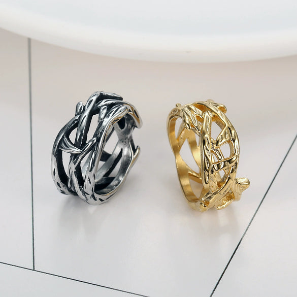 Ushaped Stainless Steel Tree Of Life Ring With Polished Gold Finish Vintage Botanical Jewelry For Unisex Wear