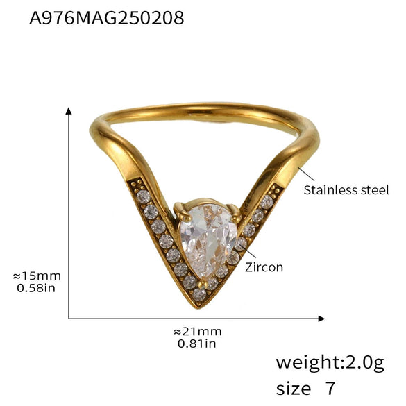 V Shaped Diamond 5A Zircon Adjustable Titanium Steel Ring With Electroplating Light Luxury And Geometric Style