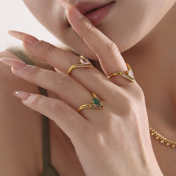 V Shaped Diamond 5A Zircon Adjustable Titanium Steel Ring With Electroplating Light Luxury And Geometric Style