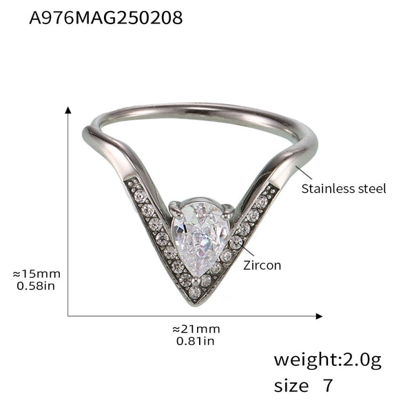 V Shaped Diamond 5A Zircon Adjustable Titanium Steel Ring With Electroplating Light Luxury And Geometric Style