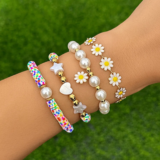 Vacation Beach Pastoral Star Heart Shape Flower Imitation Pearl Alloy Soft Clay Beaded Plating Women's Bracelets