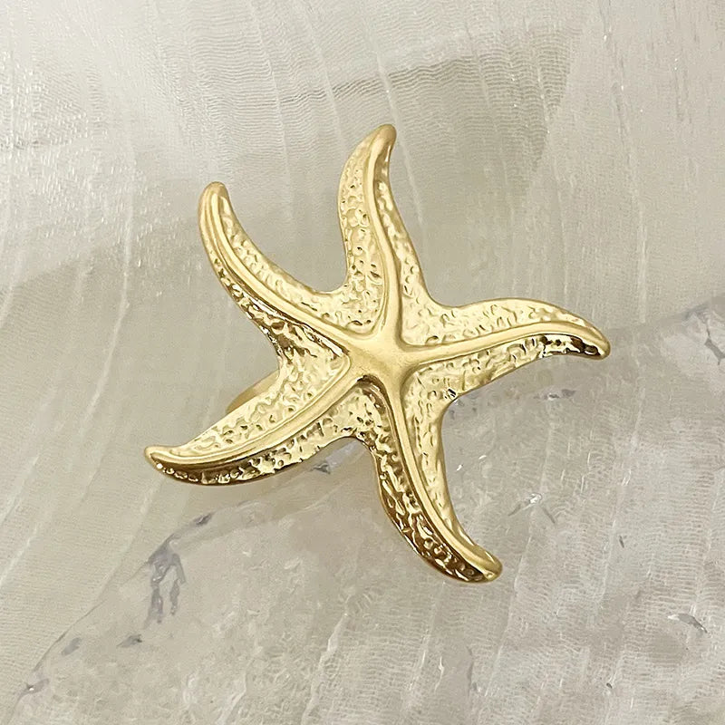 304 Stainless Steel 14K Gold Plated Vacation Beach Plating Starfish Open Rings