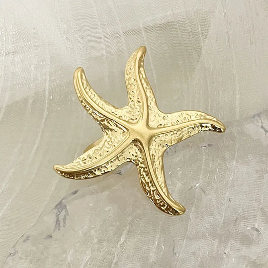 304 Stainless Steel 14K Gold Plated Vacation Beach Plating Starfish Open Rings