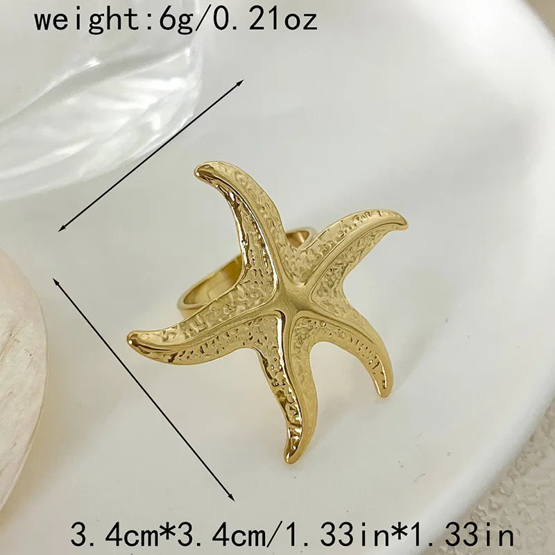 304 Stainless Steel 14K Gold Plated Vacation Beach Plating Starfish Open Rings