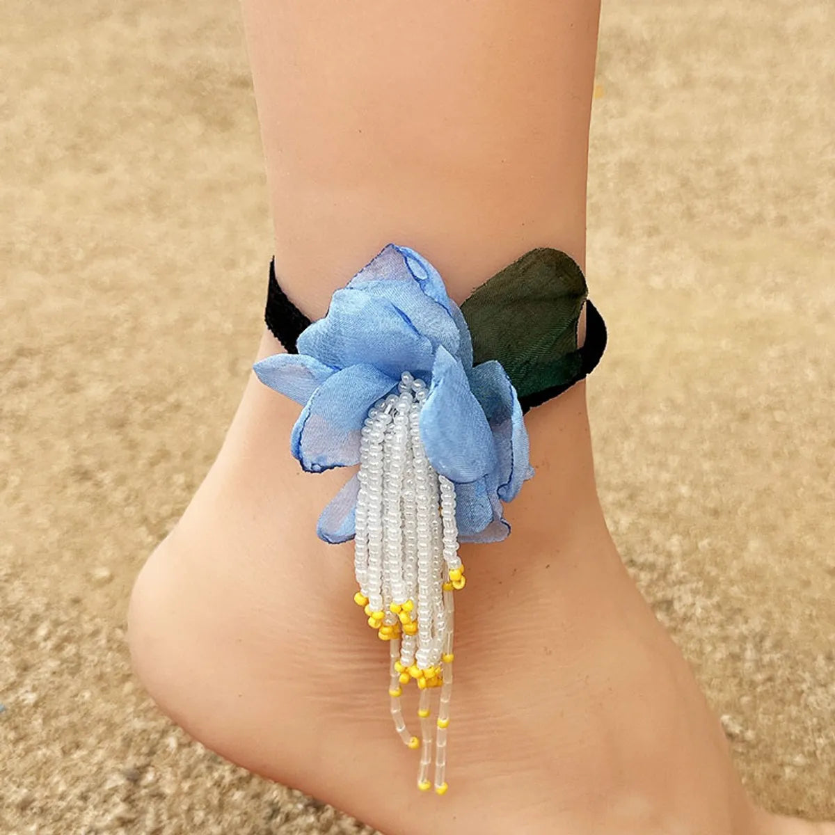 Vacation Bohemian Beach Flower Artificial Crystal Cloth Beaded Tassel Net Yarn Women's Anklet