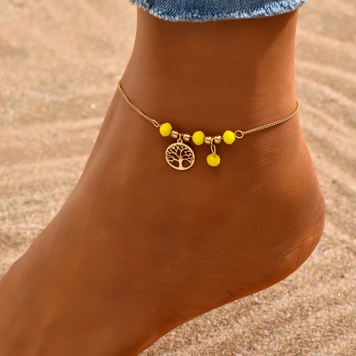 Vacation Bohemian Beach Tree 201 Stainless Steel Plastic Beaded Plating 18K Gold Plated Women'S Anklet