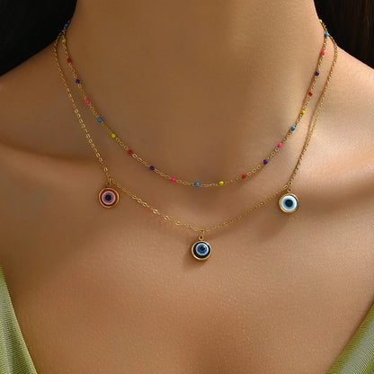 Vacation Bohemian Devil's Eye Stainless Steel Layered Plating 18k Gold Plated Double Layer Necklaces