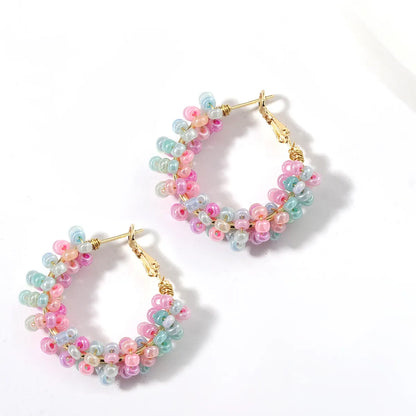 1 Pair Vacation Circle Beaded Braid Synthetic Resin Alloy Hoop Earrings