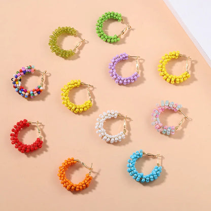 1 Pair Vacation Circle Beaded Braid Synthetic Resin Alloy Hoop Earrings