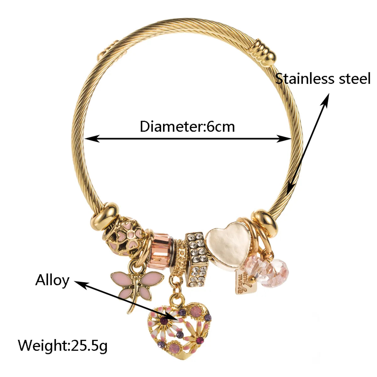 Vacation Classic Style Heart Shape 304 Stainless Steel 14K Gold Plated Rhinestones Bangle In Bulk