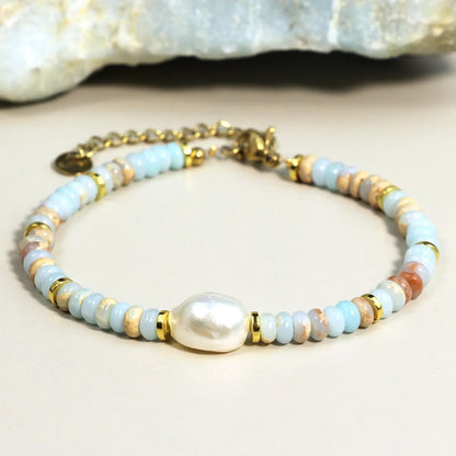 Vacation Color Block 316L Stainless Steel  Imperial Jasper Freshwater Pearl Wholesale Bracelets