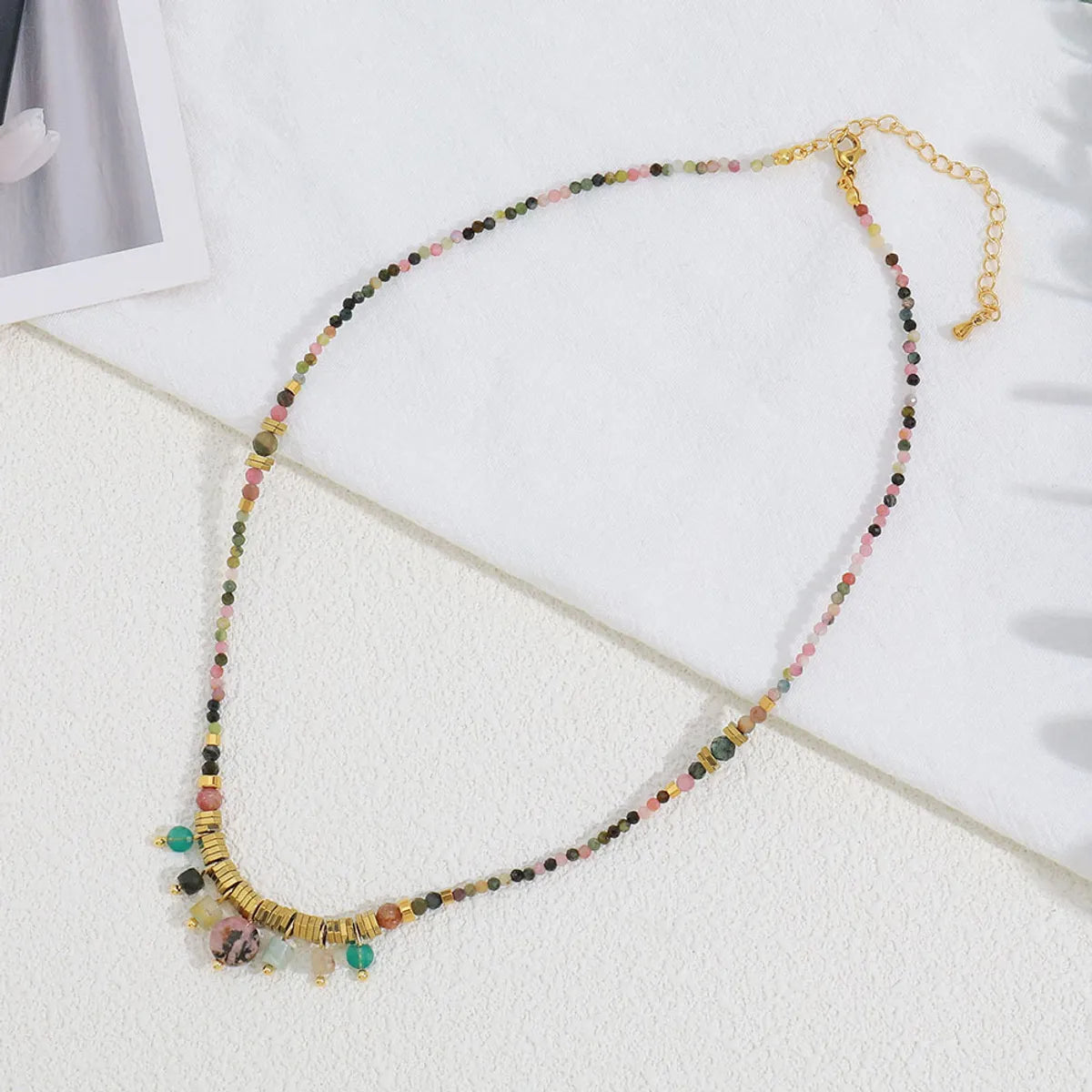 Vacation Colorful Stainless Steel Artificial Crystal Natural Stone Beaded Women's Necklace