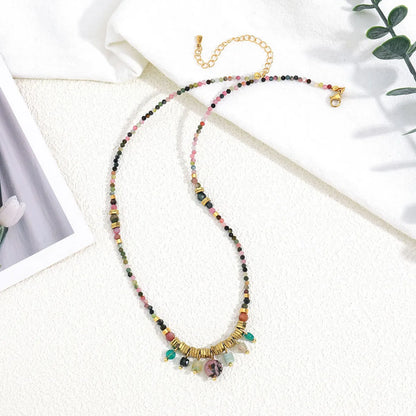 Vacation Colorful Stainless Steel Artificial Crystal Natural Stone Beaded Women's Necklace