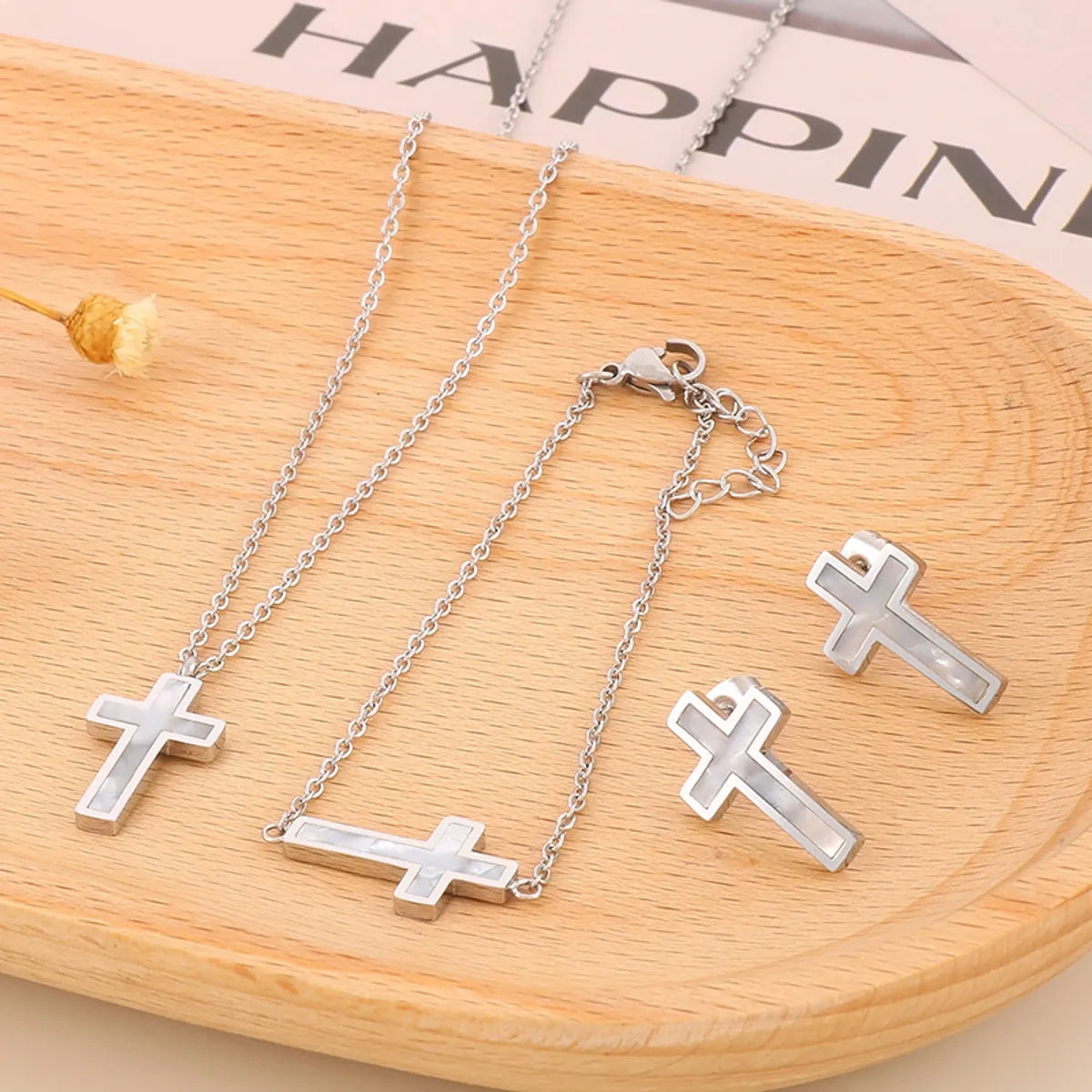 Vacation Cross Titanium Steel Plating Inlay Shell 18k Gold Plated Bracelets Earrings Necklace