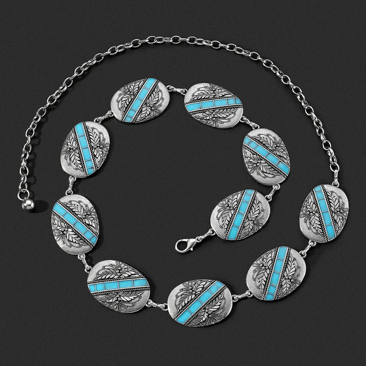 Vacation Ethnic Style Bohemian Star Oval Flower Zinc Alloy Inlay Turquoise Silver Plated Women's Waist Chain