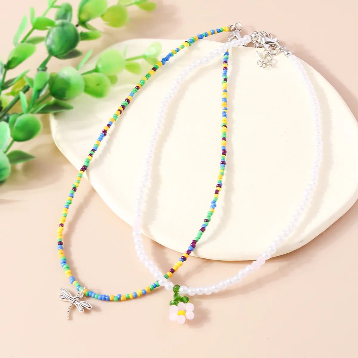 Vacation Flower Dragonfly Fish Tail Glass Zinc Alloy Women's Layered Necklaces