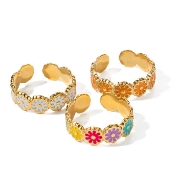 Vacation Flower Stainless Steel Enamel 18k Gold Plated Rings