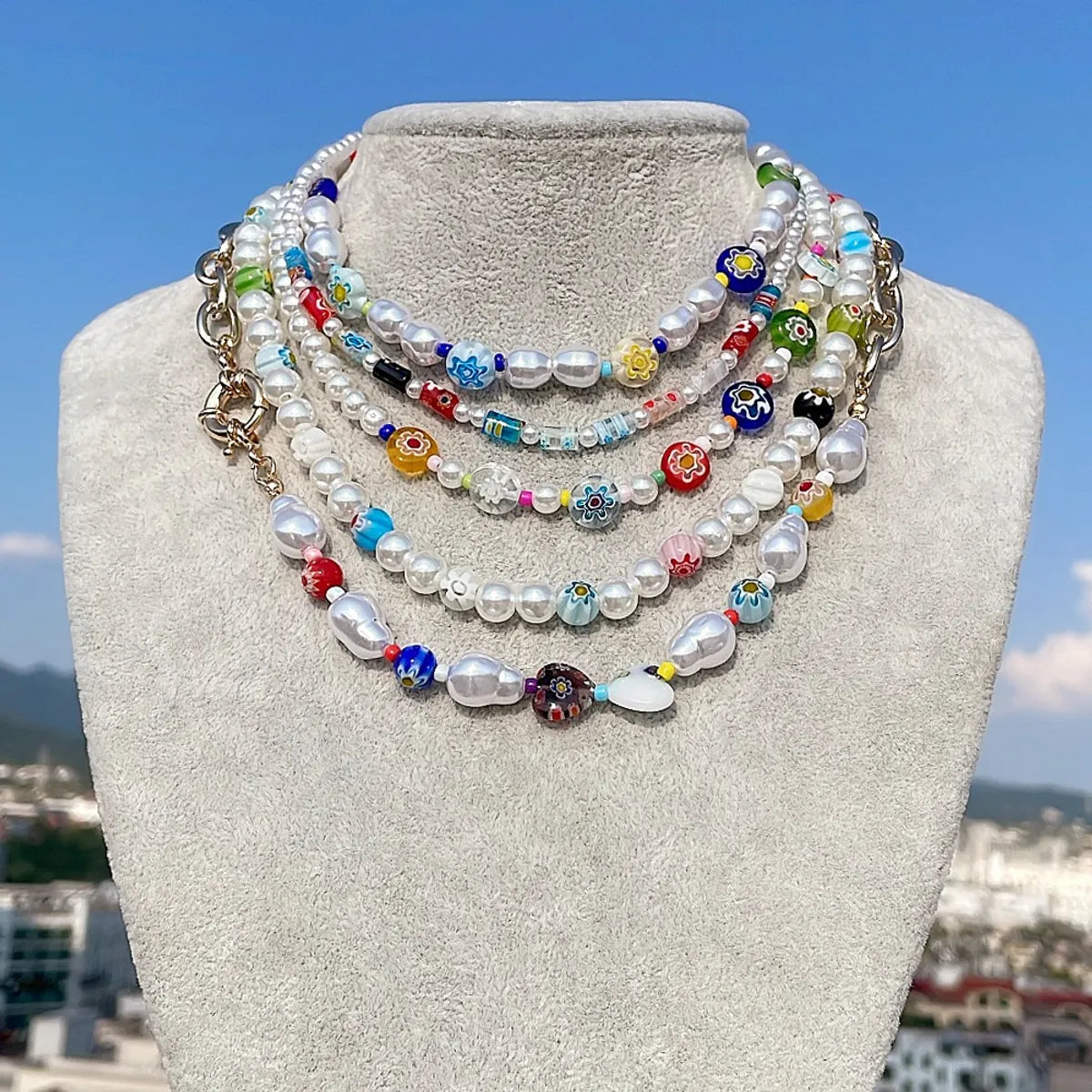 Vacation Handmade Flower Beaded Artificial Pearl Alloy Beaded Handmade Women's Necklace