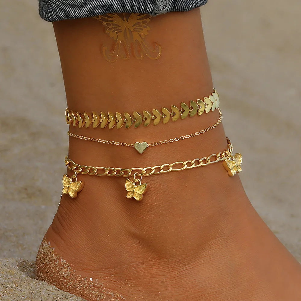 Vacation Letter Star Butterfly Rhinestones Imitation Pearl Alloy Wholesale Anklet