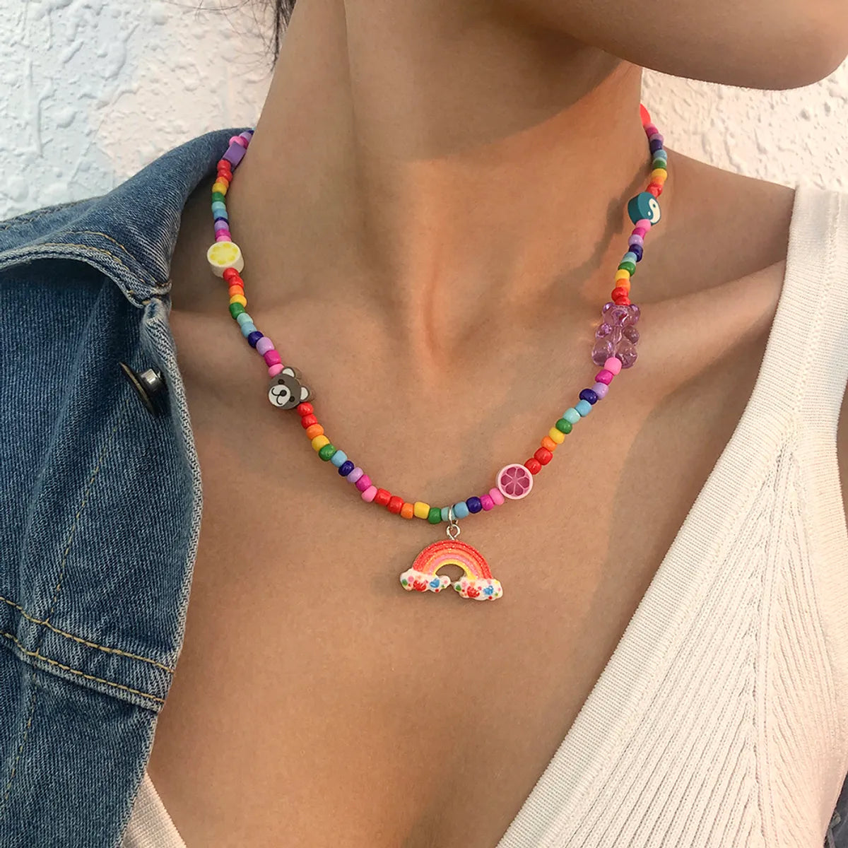 Vacation Little Bear Rainbow Heart Shape Alloy Seed Bead Soft Clay Inlay Resin Women's Pendant Necklace