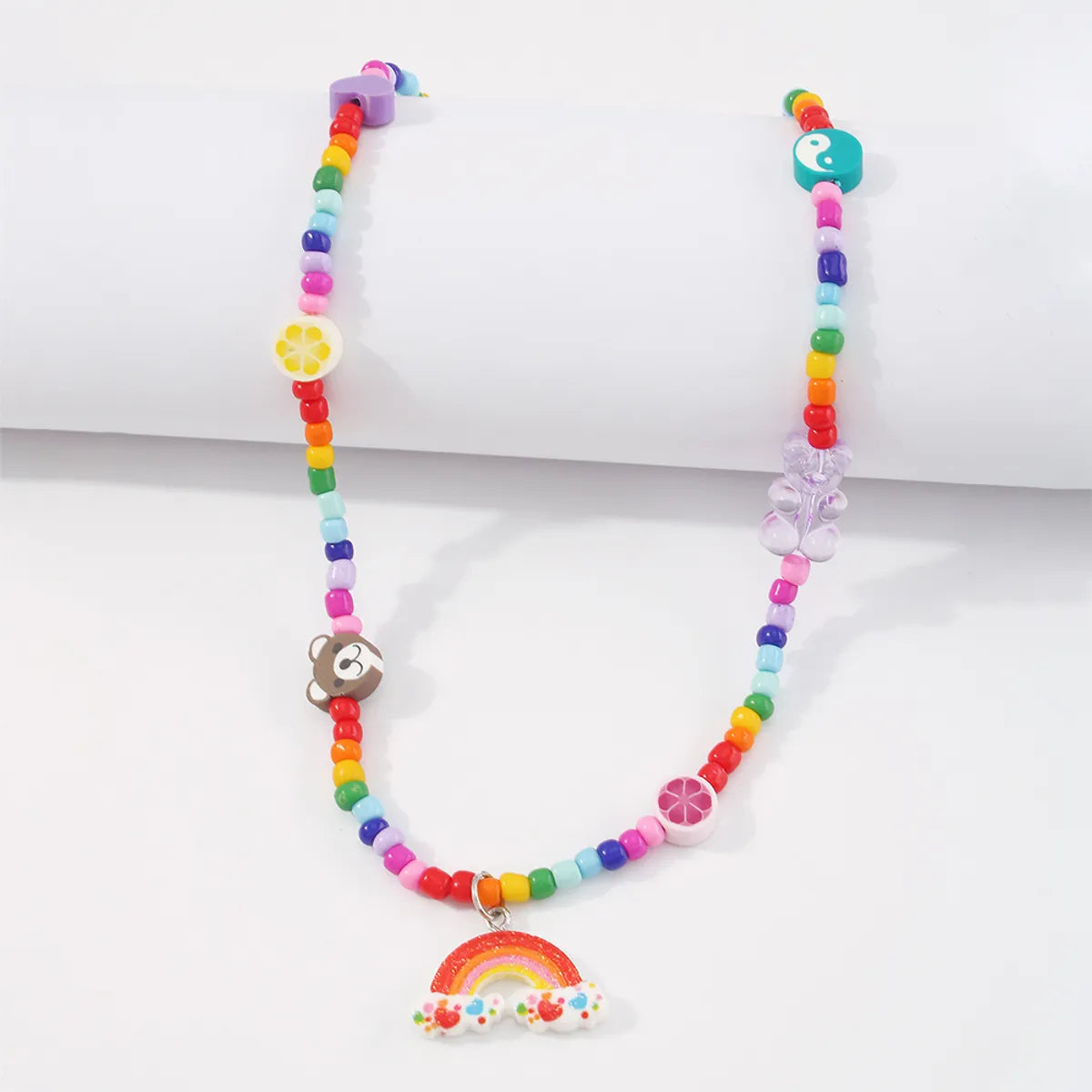 Vacation Little Bear Rainbow Heart Shape Alloy Seed Bead Soft Clay Inlay Resin Women's Pendant Necklace