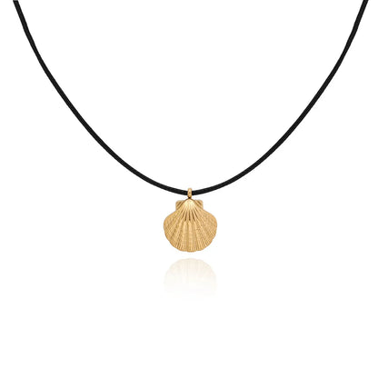 Vacation Marine Style Beach Scallop 18K Gold Plated 304 Stainless Steel Leather Rope Wholesale Pendant Necklace