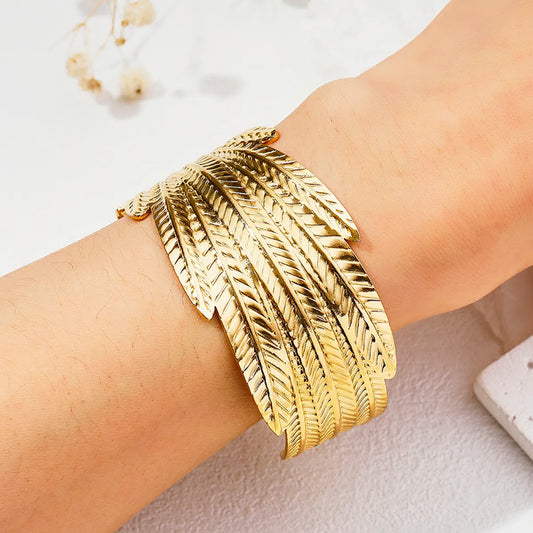 Vacation Modern Style Commute Leaf Flower Grain Stainless Steel Asymmetrical Metal Bangle