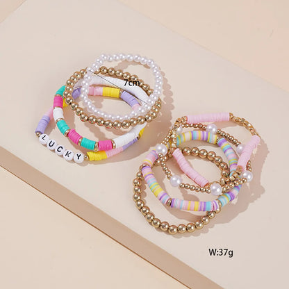 Vacation Multicolor Letter Plaid Gold Plated Imitation Pearl Soft Clay Wholesale Bracelets