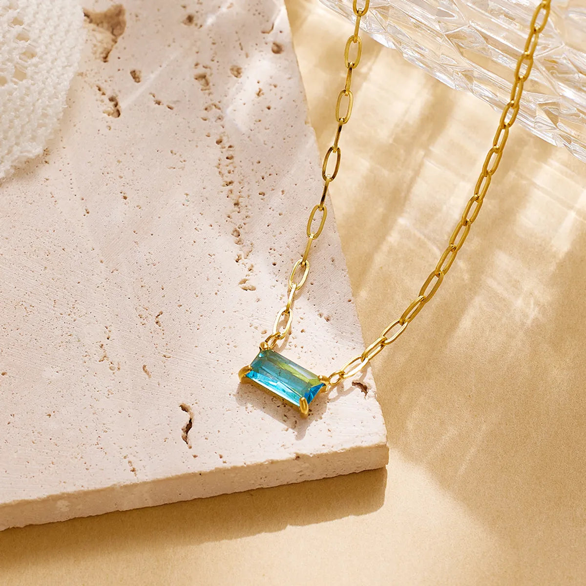 Vacation Rectangle Stainless Steel Titanium Steel Inlay Zircon Gold Plated Pendant Necklace