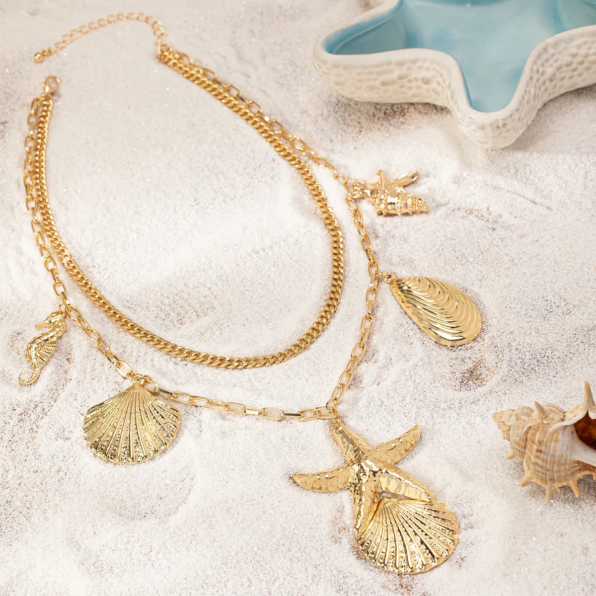 Vacation Romantic Beach Starfish Hippocampus Shell Alloy Metal Button Women'S Layered Necklaces