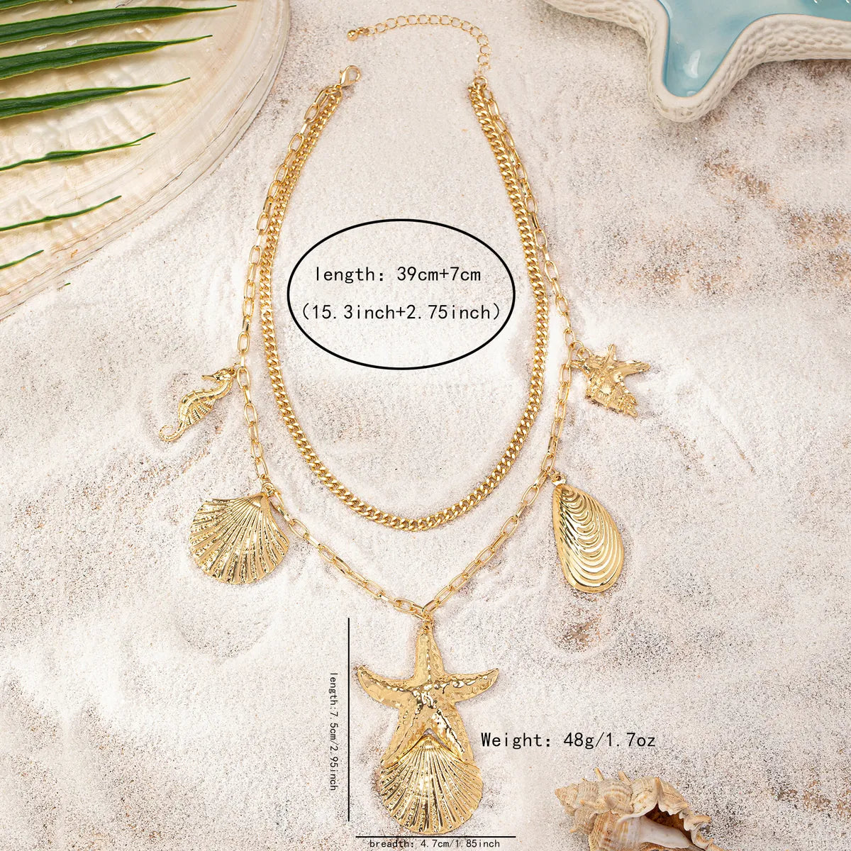 Vacation Romantic Beach Starfish Hippocampus Shell Alloy Metal Button Women'S Layered Necklaces