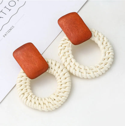 Vacation Round Rectangle Wood Rattan Hollow Out Women'S Earrings