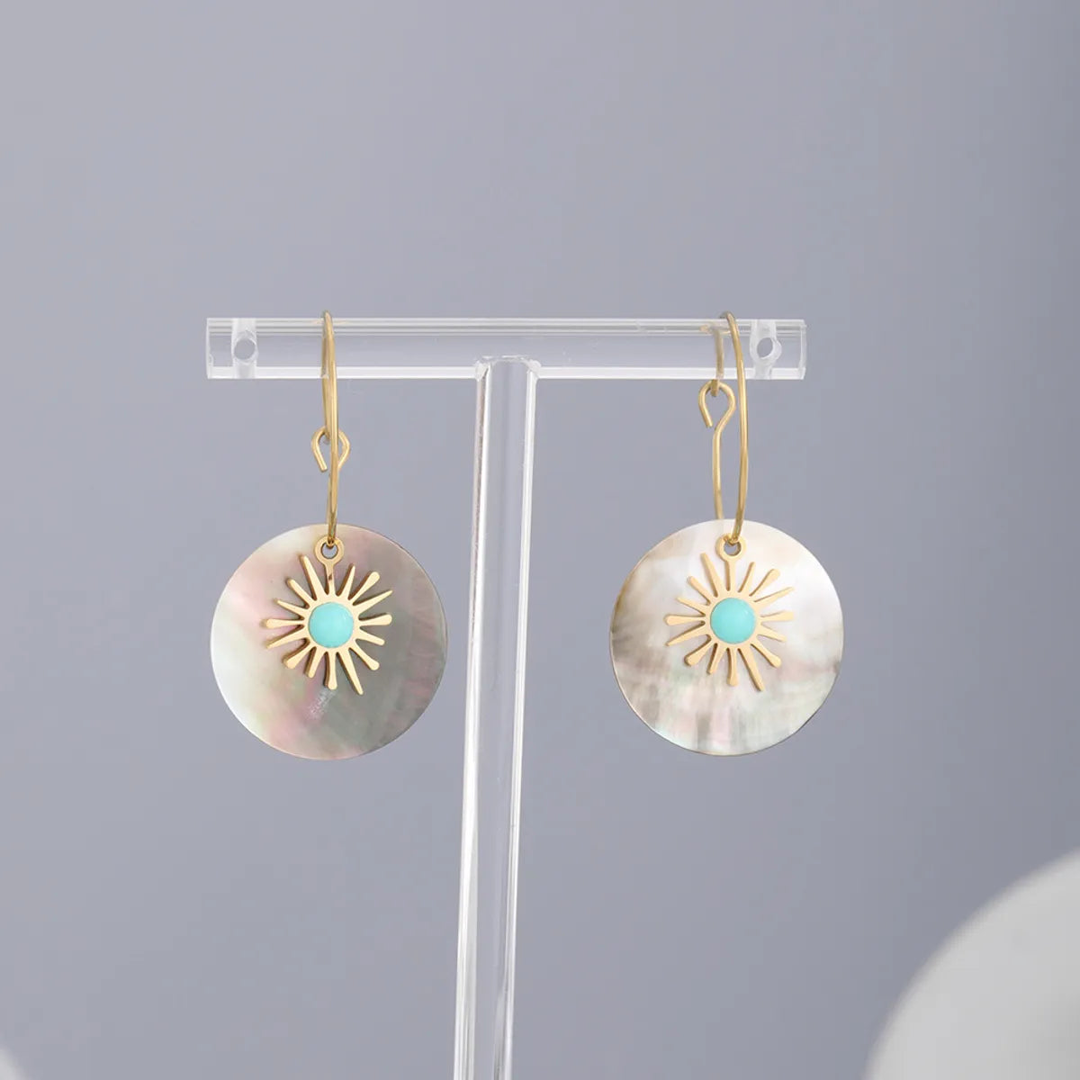 Vacation Round Stainless Steel Gold Plated Turquoise Shell Earrings 1 Pair