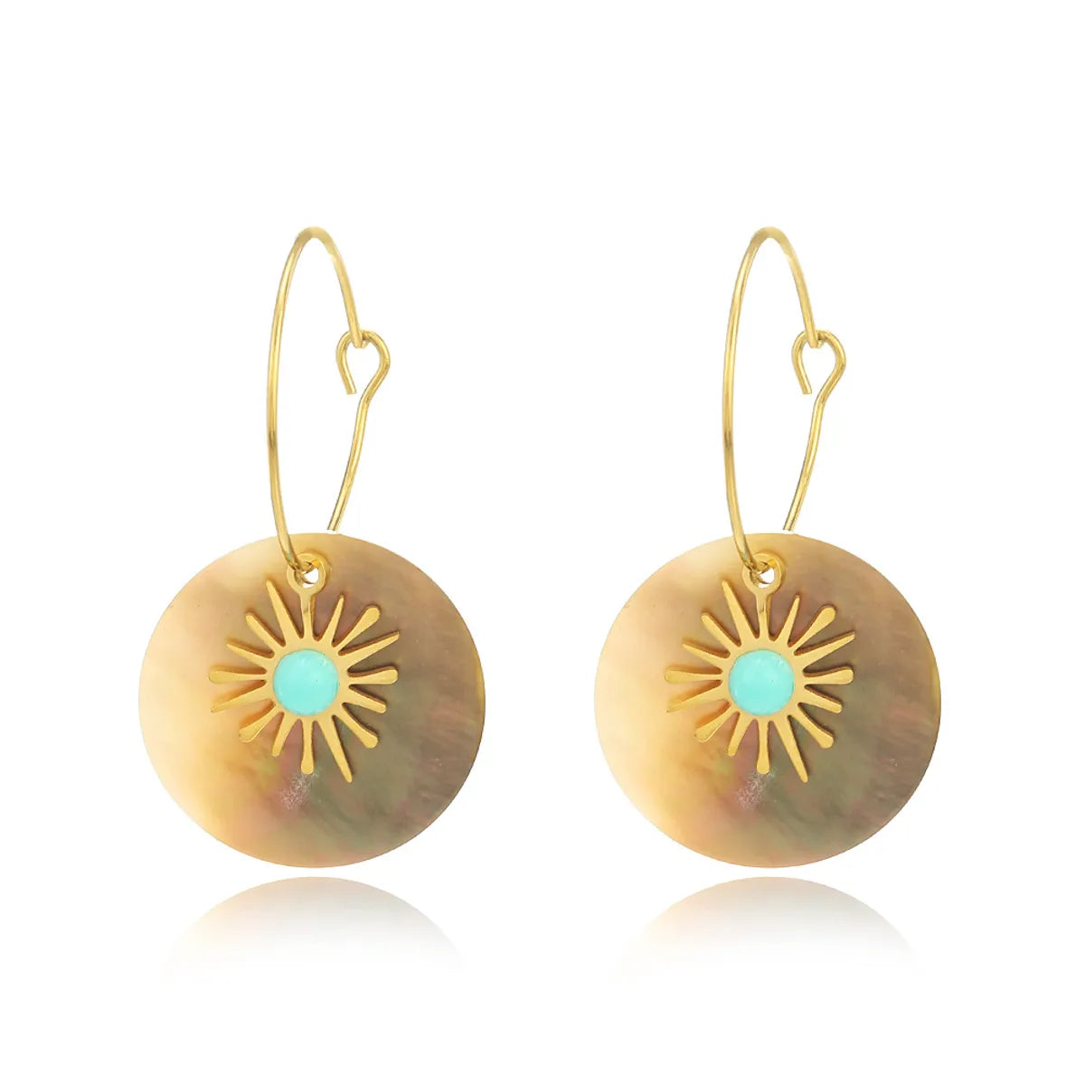 Vacation Round Stainless Steel Gold Plated Turquoise Shell Earrings 1 Pair