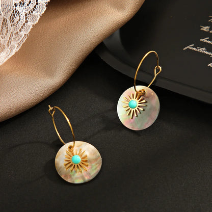 Vacation Round Stainless Steel Gold Plated Turquoise Shell Earrings 1 Pair