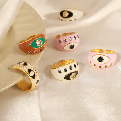 Vacation Simple Style Eye Copper Enamel Plating Inlay Zircon 18k Gold Plated Open Rings