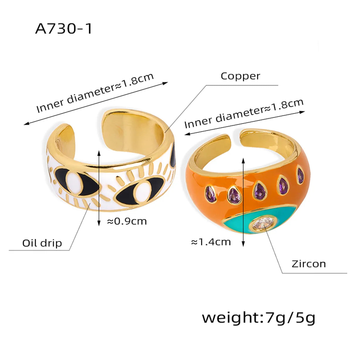 Vacation Simple Style Eye Copper Enamel Plating Inlay Zircon 18k Gold Plated Open Rings