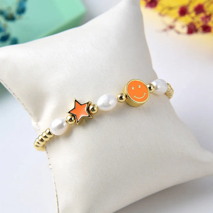 Vacation Star Smiley Face Pearl Metal Beaded Knitting Bracelets 1 Piece