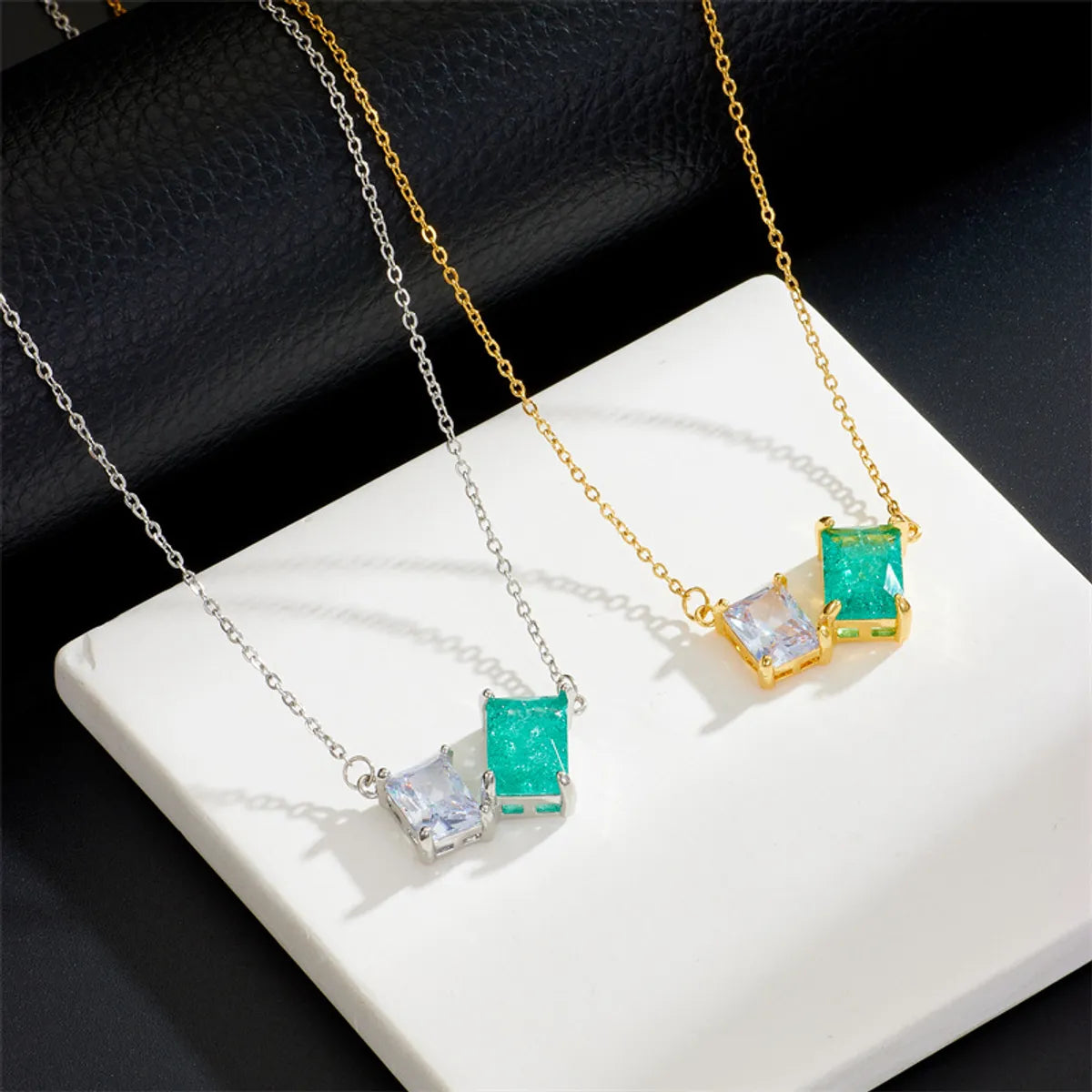 Vacation Sweet Color Block Square Titanium Steel Copper Zircon Pendant Necklace In Bulk