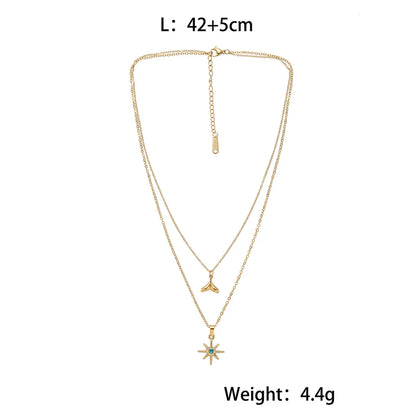 Vacation Sweet Commute Star Fish Tail Stainless Steel Titanium Steel Plating Inlay Zircon 18k Gold Plated Double Layer Necklaces