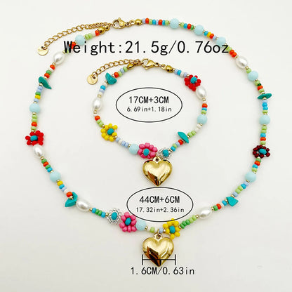 Vacation Sweet Heart Shape Flower Stainless Steel Beaded Pearl Plating Gold Plated Bracelets Necklace