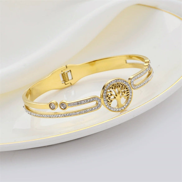 Vacuum Electroplated Titanium Steel Bracelet With Niche Design And All Match Zircon Life Tree Pattern