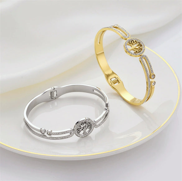 Vacuum Electroplated Titanium Steel Bracelet With Niche Design And All Match Zircon Life Tree Pattern
