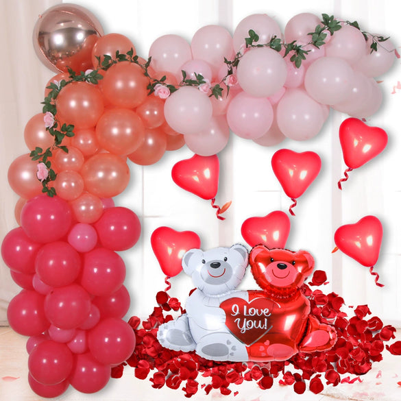 Valentine's Day Latex Balloon Chain Set With Round Balloons Rose Petal And Bear Decorations For Wedding And Party Decor