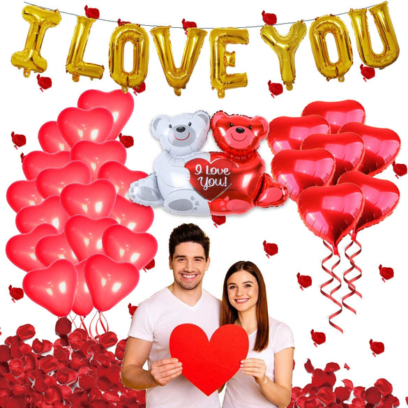 Valentine's Day Love Balloon Set With Heart And Bear Designs Red And White Latex And Metallic Foil Decorative Balloons