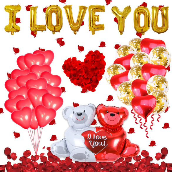 Valentine's Day Love Balloon Set With Heart And Bear Designs Red And White Latex And Metallic Foil Decorative Balloons