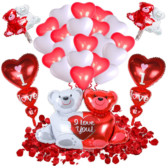 Valentine's Day Love Balloon Set With Heart And Bear Designs Red And White Latex And Metallic Foil Decorative Balloons